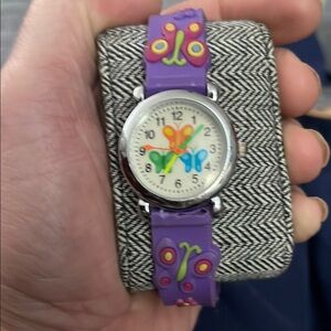 Purple and Green Watch with Flexible Band and Butterfly Motif